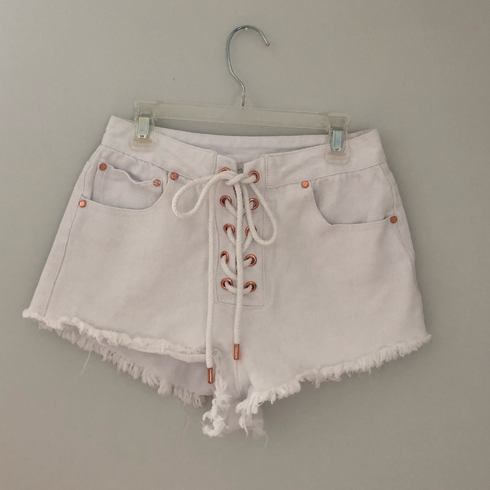White Denim Shorts with Rose Gold Detailing